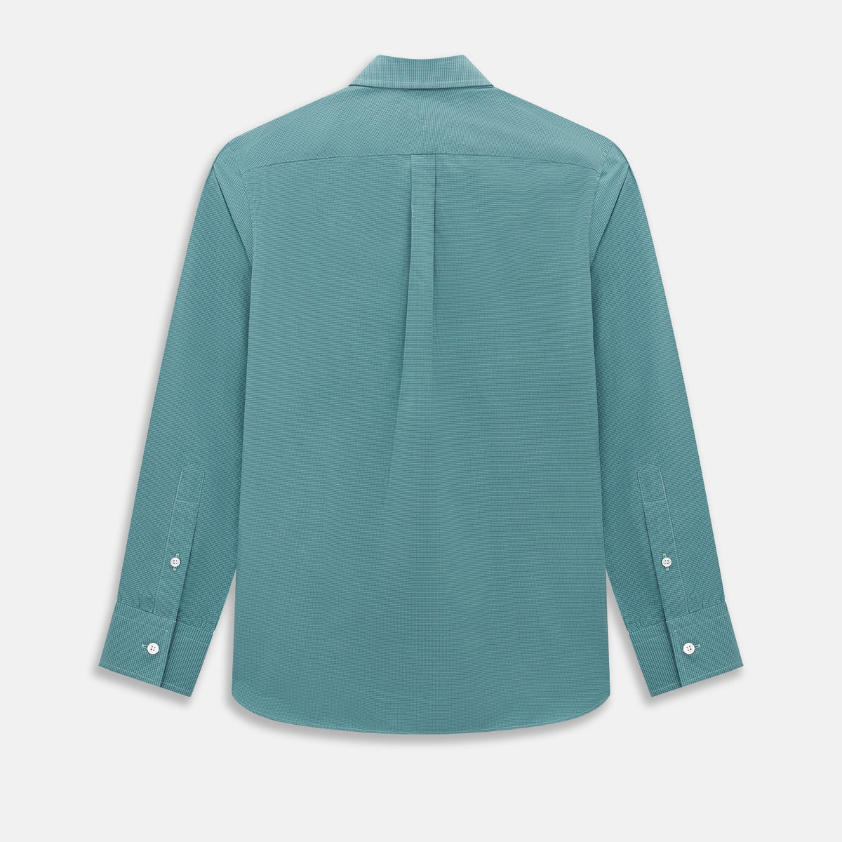 View 3 of product A Fine Checked Sage Green Weekend Fit Shirt in Cotton by Turnbull & Asser UK, featuring long sleeves, a button-up front, chest pocket, buttoned cuffs, and a classic collar—displayed on a white background—offers a modern twist reminiscent of the timeless appeal of classic checked shirts.