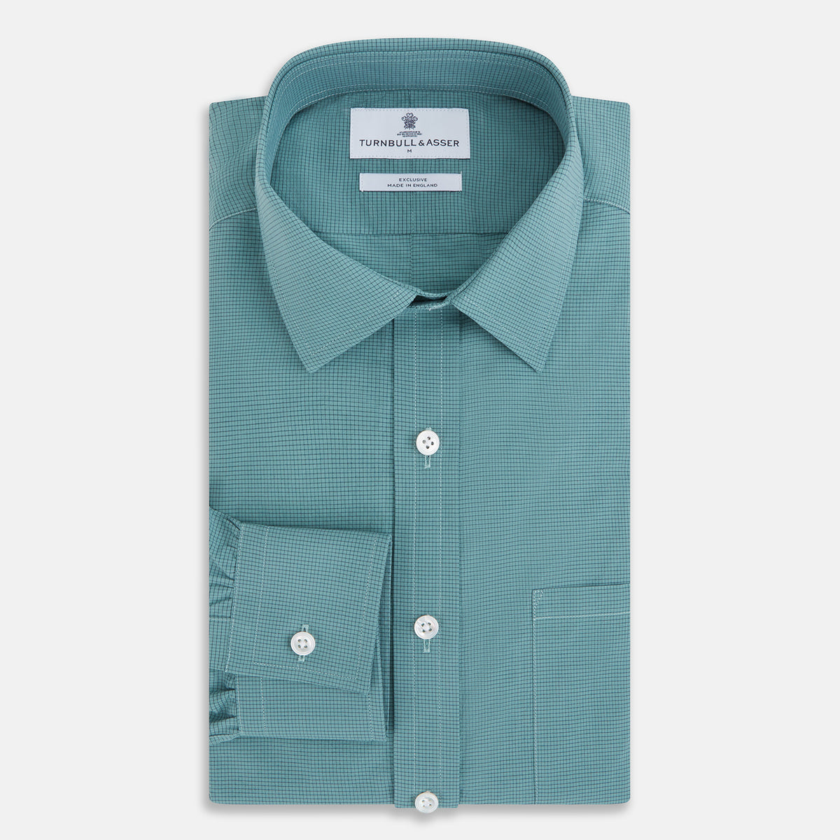 View 5 of product A Fine Checked Sage Green Weekend Fit Shirt in Cotton by Turnbull & Asser UK, featuring long sleeves, a button-up front, chest pocket, buttoned cuffs, and a classic collar—displayed on a white background—offers a modern twist reminiscent of the timeless appeal of classic checked shirts.