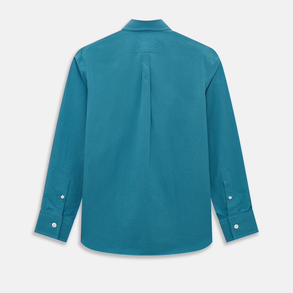 View 3 of product Here’s a rewritten version using your product data: The Turnbull & Asser UK Fine Checked Turquoise Blue Weekend Fit Shirt in Cotton is a men’s long-sleeve button-up, featuring a chest pocket, white buttons, and a pointed collar, shown laid flat against a white background.