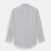 View 5 of product The Turnbull & Asser Multi Pencil Stripe Richmond Shirt features long sleeves, a Derby collar, left chest pocket, and light blue, red, and white pencil stripes. It is laid flat on a white background.