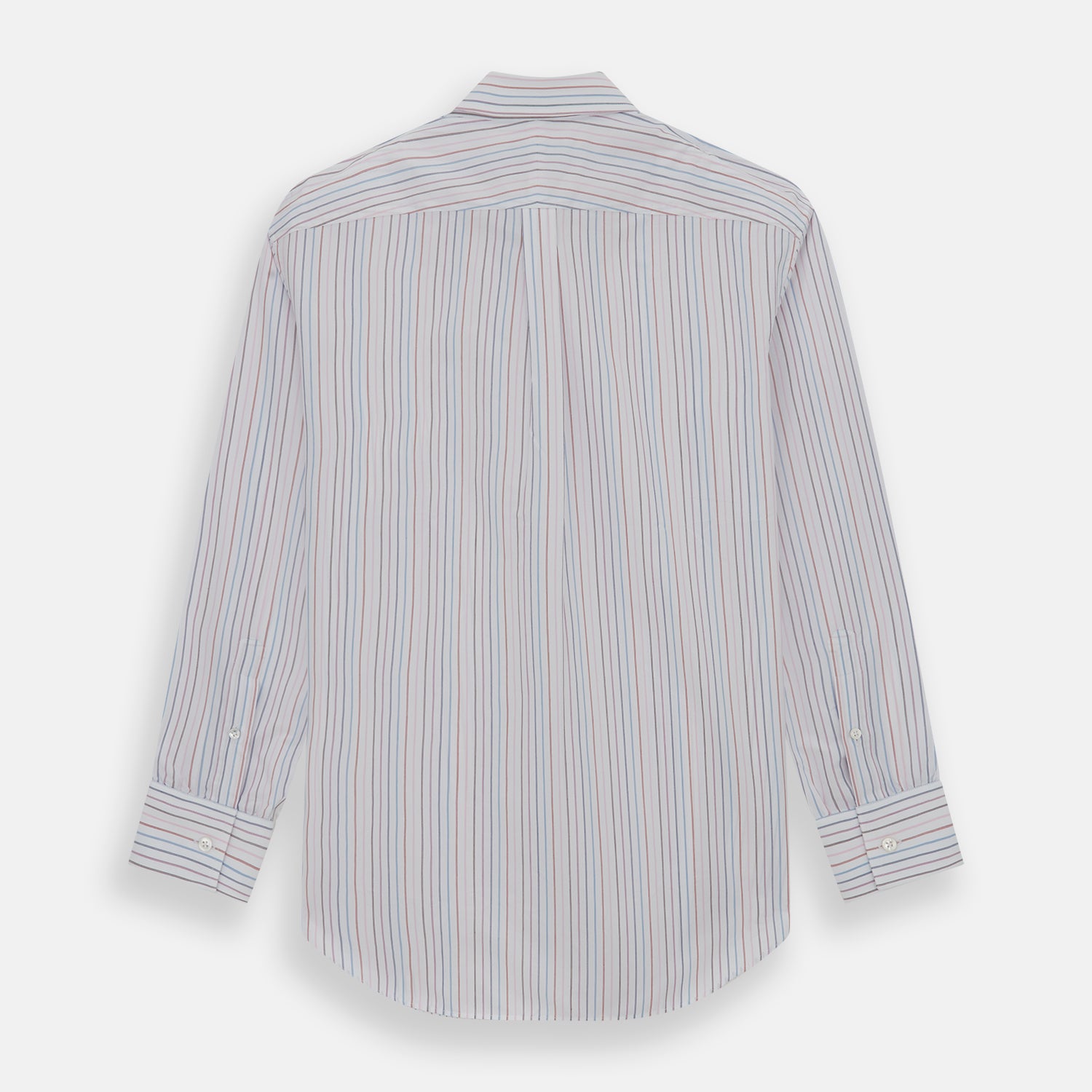 View 5 of product The Turnbull & Asser Multi Pencil Stripe Richmond Shirt features long sleeves, a Derby collar, left chest pocket, and light blue, red, and white pencil stripes. It is laid flat on a white background.