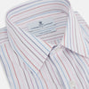 View 2 of product The Turnbull & Asser Multi Pencil Stripe Richmond Shirt features long sleeves, a Derby collar, left chest pocket, and light blue, red, and white pencil stripes. It is laid flat on a white background.