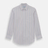 View 1 of product The Turnbull & Asser Multi Pencil Stripe Richmond Shirt features long sleeves, a Derby collar, left chest pocket, and light blue, red, and white pencil stripes. It is laid flat on a white background.