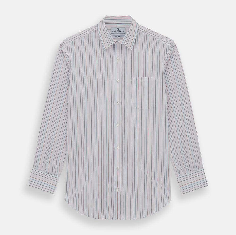The Turnbull & Asser Multi Pencil Stripe Richmond Shirt features long sleeves, a Derby collar, left chest pocket, and light blue, red, and white pencil stripes. It is laid flat on a white background.