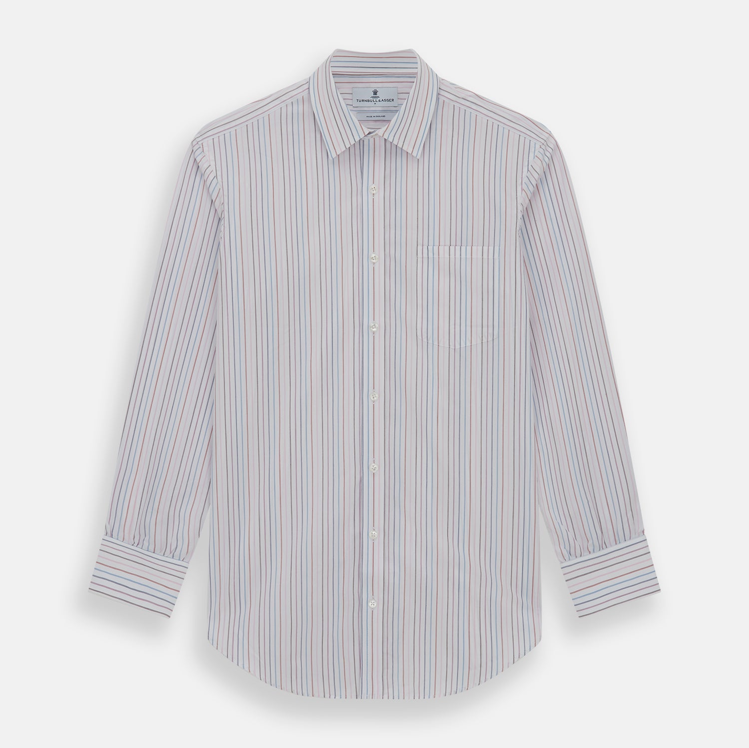 View 1 of product The Turnbull & Asser Multi Pencil Stripe Richmond Shirt features long sleeves, a Derby collar, left chest pocket, and light blue, red, and white pencil stripes. It is laid flat on a white background.