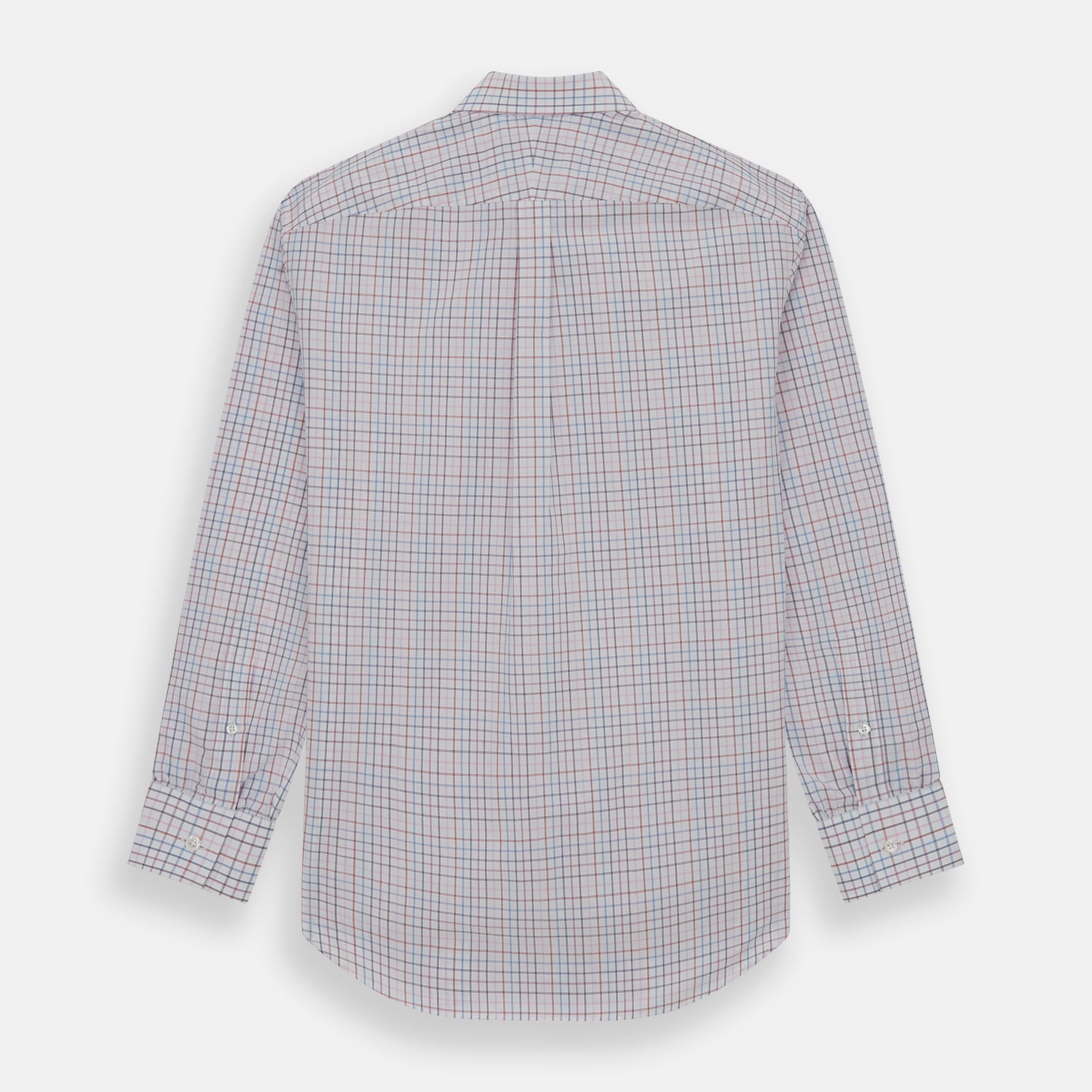 View 5 of product The Turnbull & Asser Multi Graph Check Richmond Shirt features a white base with red and blue checks, a Dorset button-down collar, and long sleeves. The shirt is displayed neatly on a plain white background.