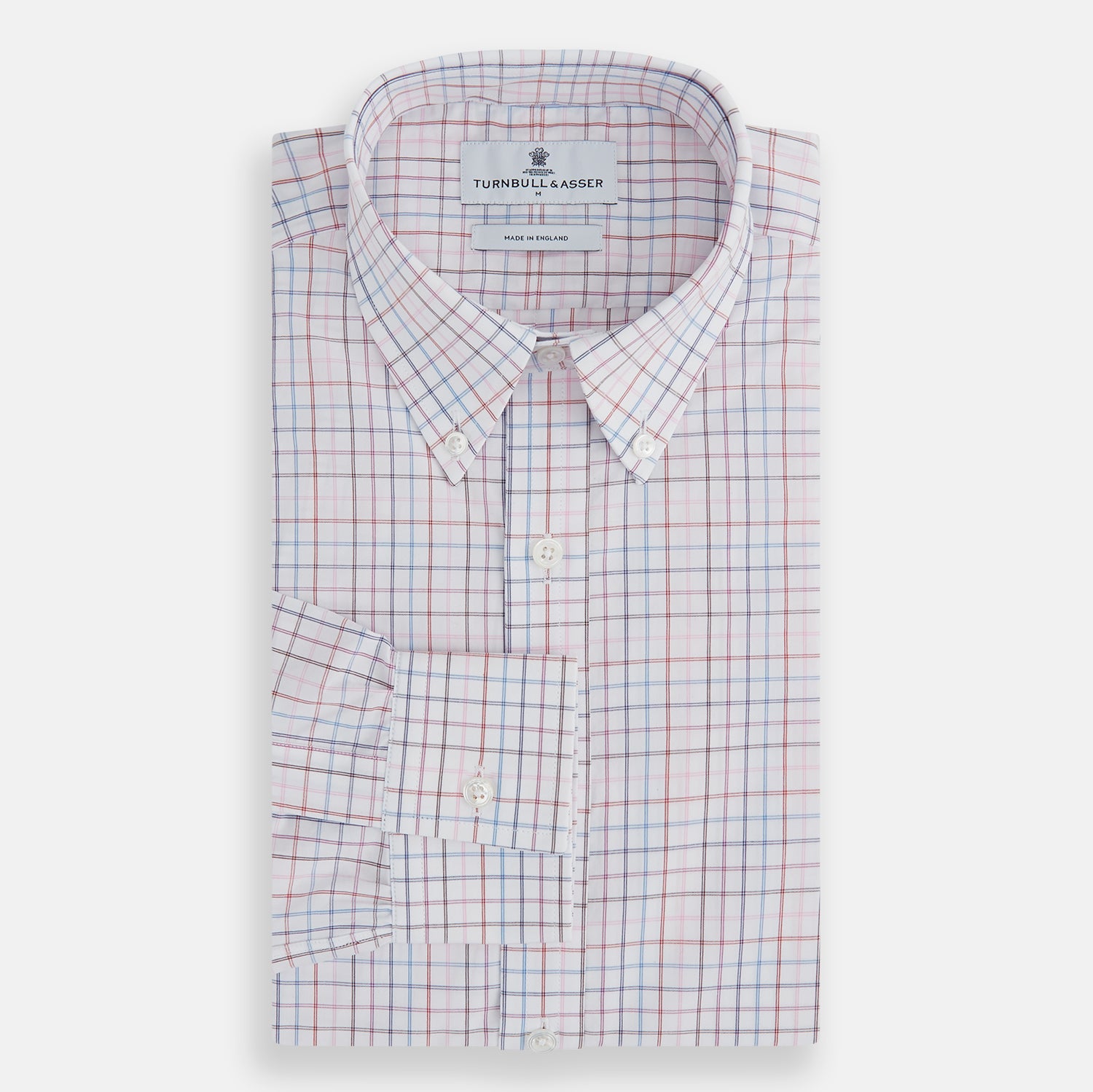 View 4 of product The Turnbull & Asser Multi Graph Check Richmond Shirt features a white base with red and blue checks, a Dorset button-down collar, and long sleeves. The shirt is displayed neatly on a plain white background.
