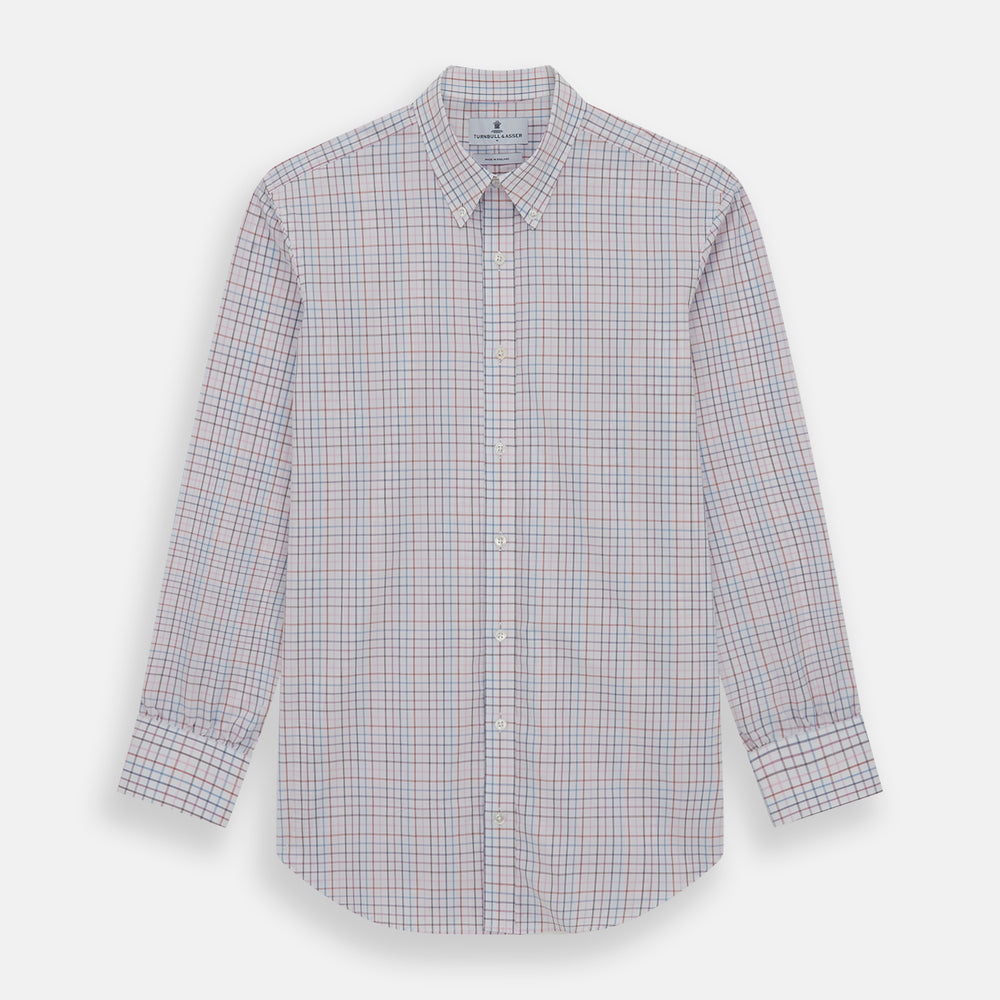 The Turnbull & Asser Multi Graph Check Richmond Shirt features a white base with red and blue checks, a Dorset button-down collar, and long sleeves. The shirt is displayed neatly on a plain white background.