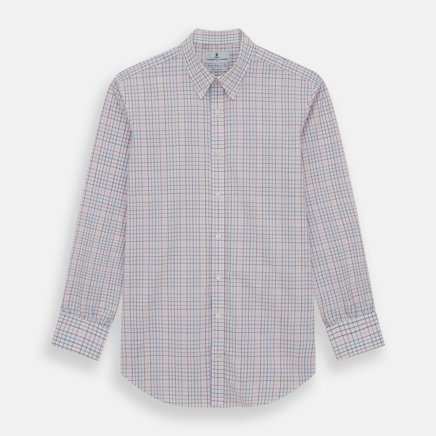 View 1 of product The Turnbull & Asser Multi Graph Check Richmond Shirt features a white base with red and blue checks, a Dorset button-down collar, and long sleeves. The shirt is displayed neatly on a plain white background.