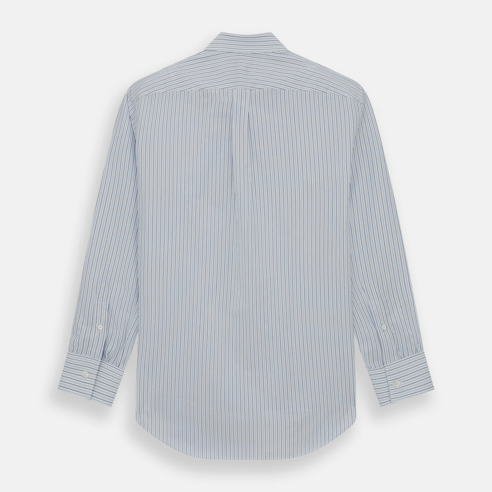 The Blue Double Pinstripe Richmond Shirt by Turnbull & Asser, featuring long sleeves, buttoned cuffs, and a button-down collar, is laid flat on a white background.