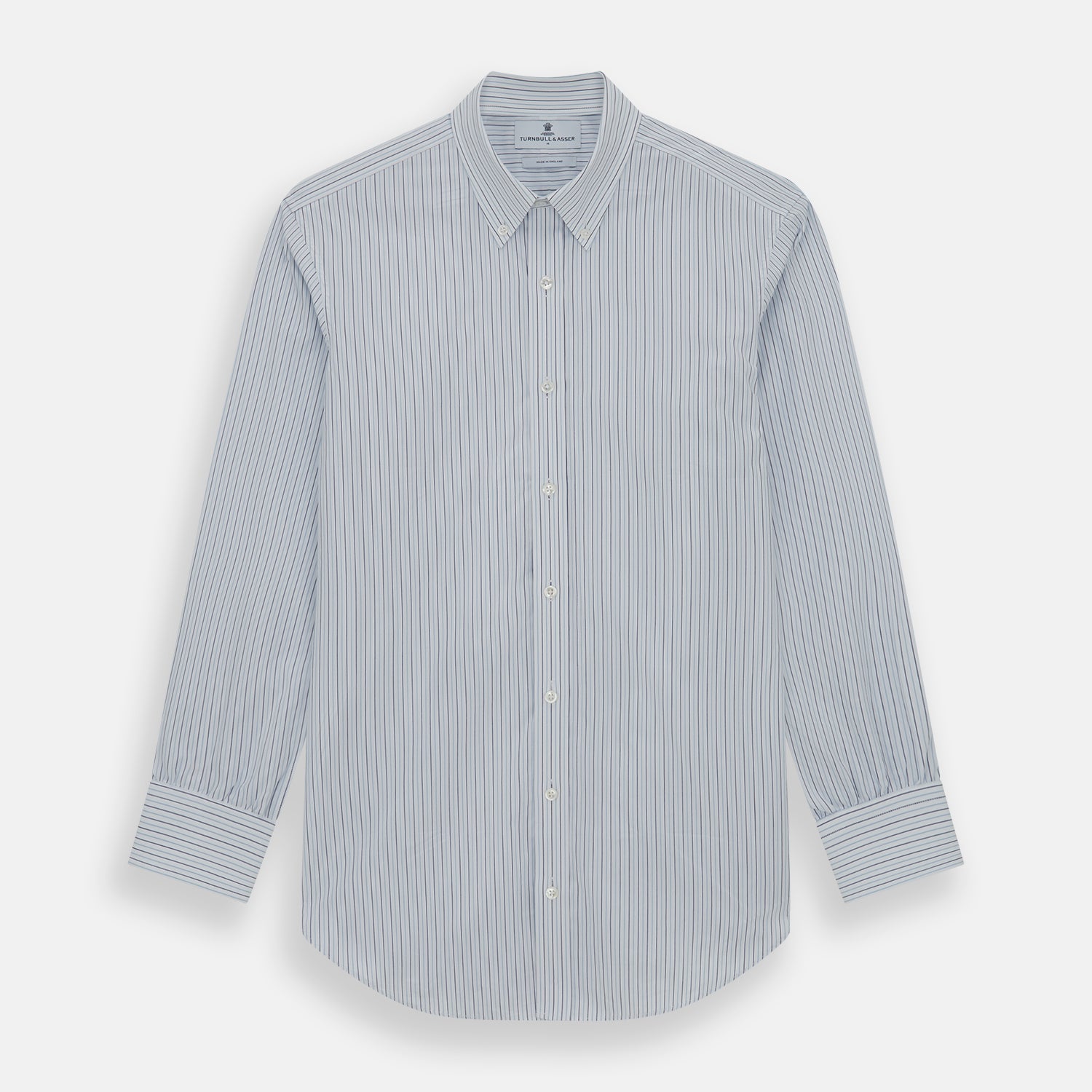 View 1 of product The Blue Double Pinstripe Richmond Shirt by Turnbull & Asser, featuring long sleeves, buttoned cuffs, and a button-down collar, is laid flat on a white background.