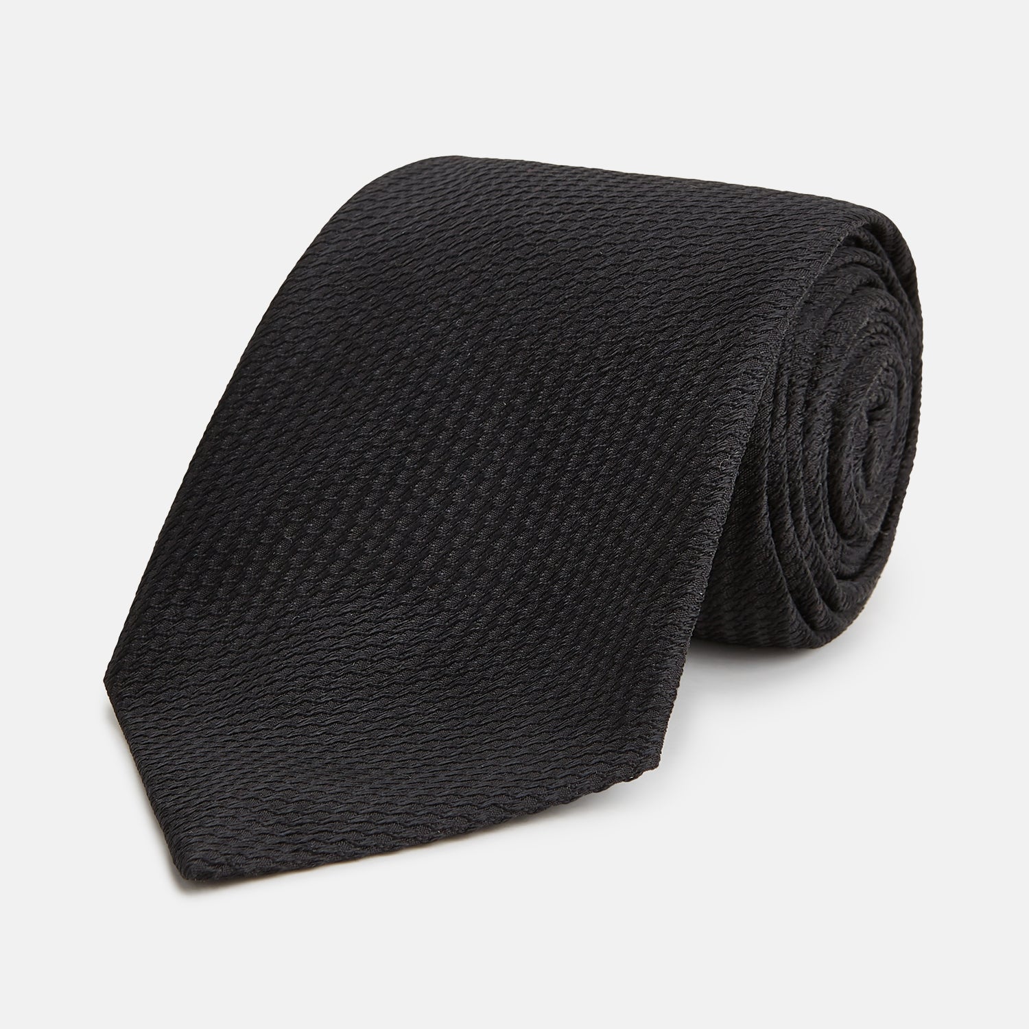 View 1 of product The Turnbull & Asser Black Lace Silk Tie, featuring a refined texture, is elegantly displayed on a white background.