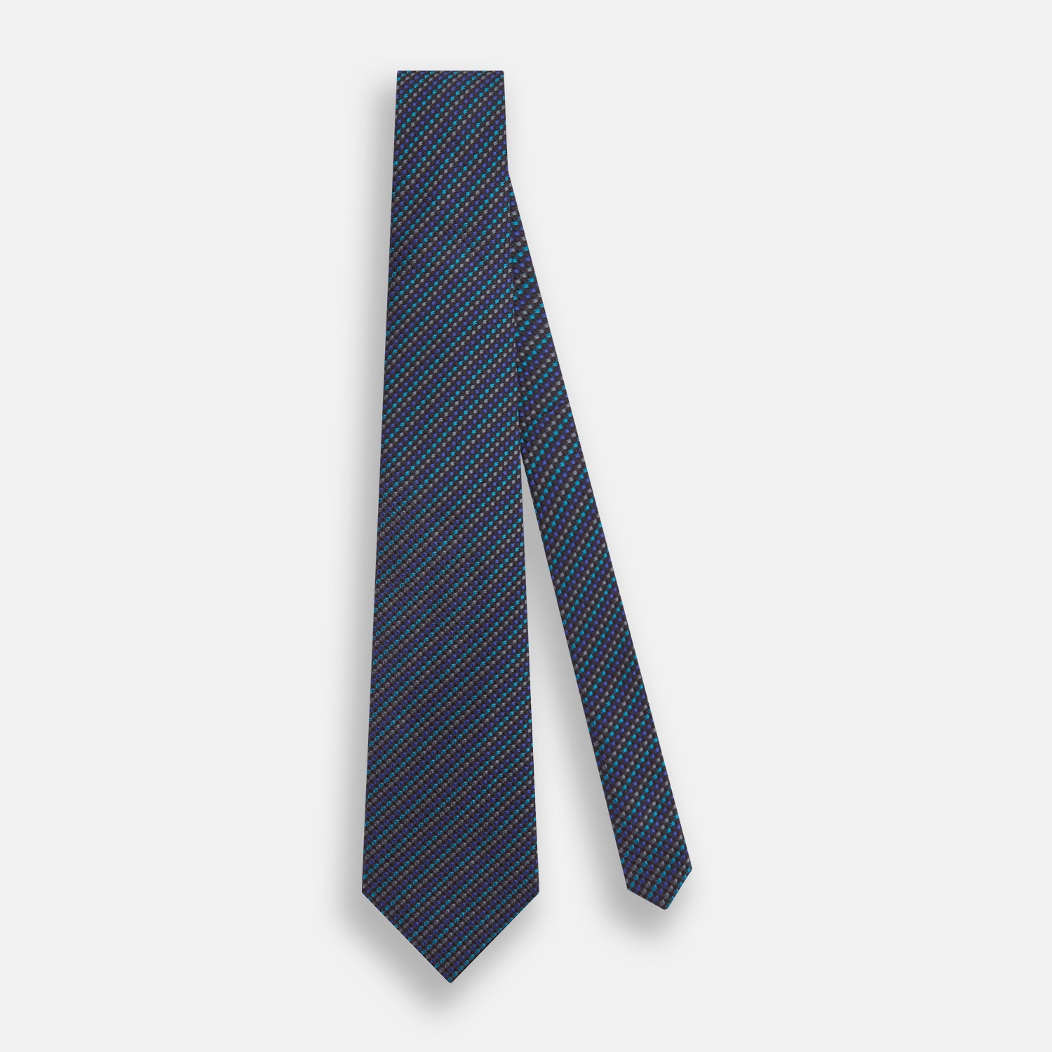 View 2 of product A close-up of the Turnbull & Asser Navy Multi Silk Tie, showcasing its textured design with small blue and black checks, exuding refined elegance against a plain white background.