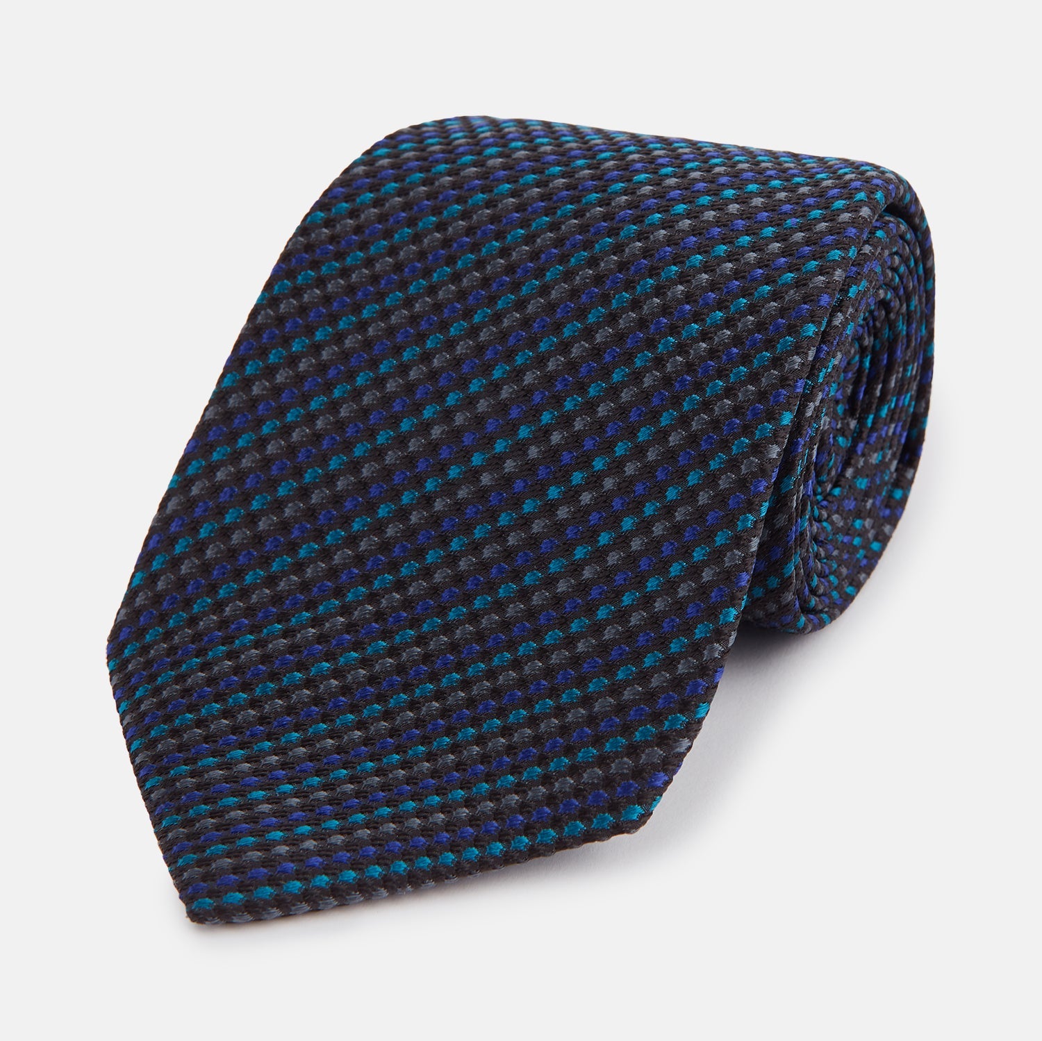 View 1 of product A close-up of the Turnbull & Asser Navy Multi Silk Tie, showcasing its textured design with small blue and black checks, exuding refined elegance against a plain white background.