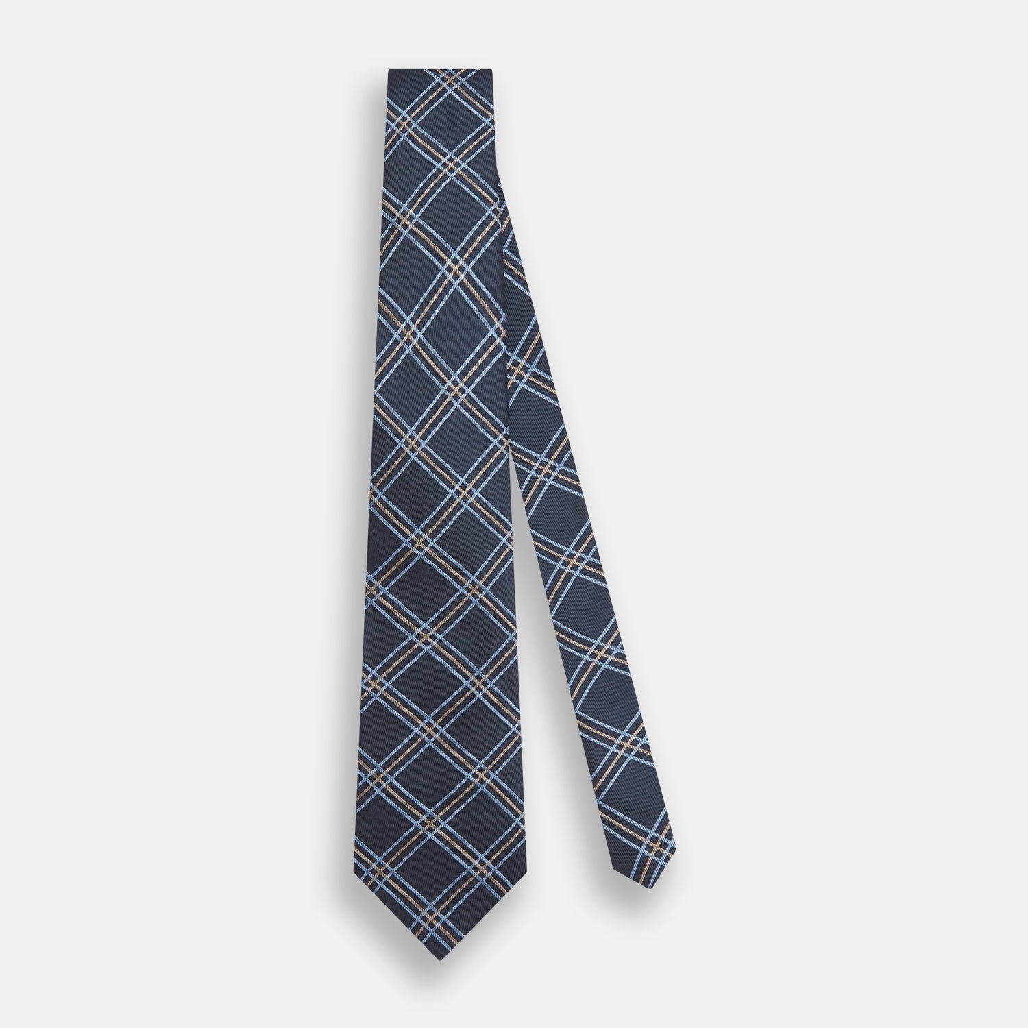 View 2 of product The Turnbull & Asser Navy Triple Check Silk Tie features a light blue and white plaid pattern—an essential accessory for the modern gentleman and a perfect complement to any Turnbull & Asser shirt.