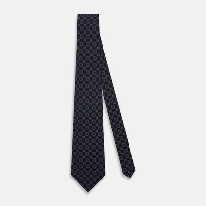 Dark Navy Dotted Roundel Printed Silk Tie Image 1