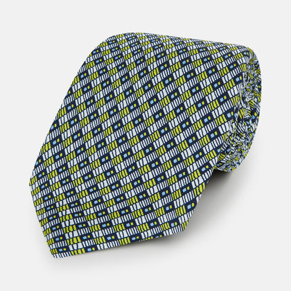 Chartreuse Hatched Mosaic Printed Silk Tie