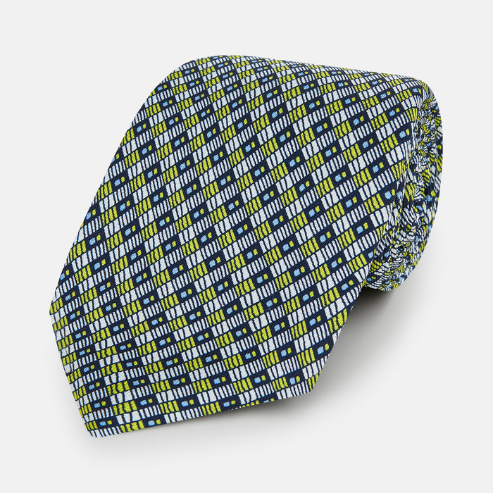 Chartreuse Hatched Mosaic Printed Silk Tie