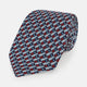 The Turnbull & Asser UK TIES 9.5CM GEOMETRIC RECTANGLES RED is an English silk tie with small red, navy blue, and white rectangles and dots on a white background.
