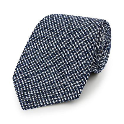 Navy Geometric Lattice Damier Printed Silk Tie Image 4