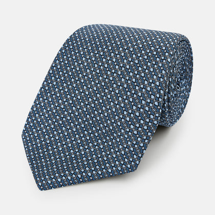 Blue Geometric Lattice Damier Printed Silk Tie