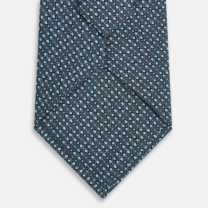Blue Geometric Lattice Damier Printed Silk Tie Image 2