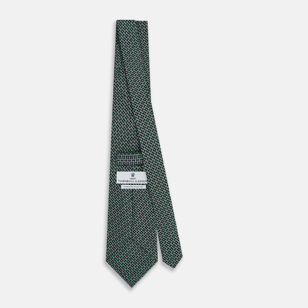 Kelly Green Geometric Lattice Damier Printed Silk Tie OS