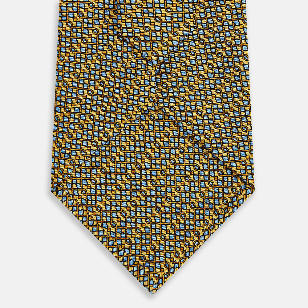 Yellow Geometric Lattice Damier Printed Silk Tie OS