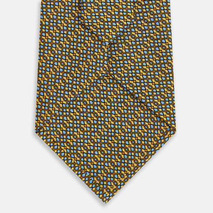 Yellow Geometric Lattice Damier Printed Silk Tie Image 2