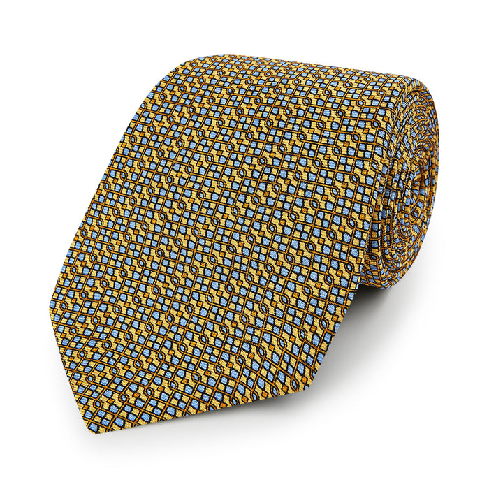 Yellow Geometric Lattice Damier Printed Silk Tie Image 4