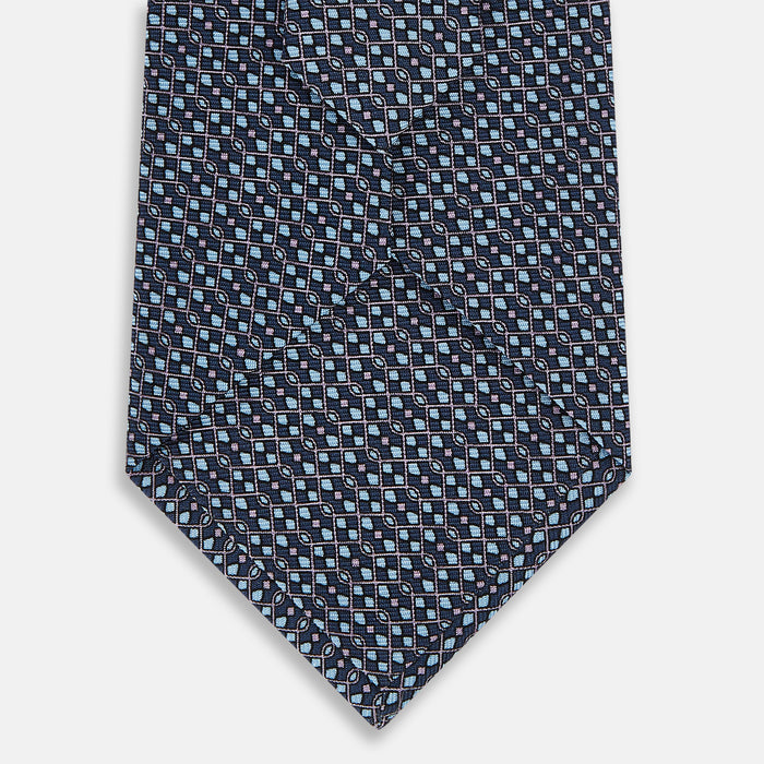 Teal Geometric Lattice Damier Printed Silk Tie Image 2