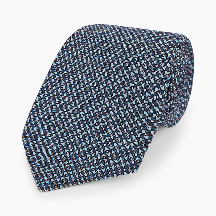 Teal Geometric Lattice Damier Printed Silk Tie Image 4