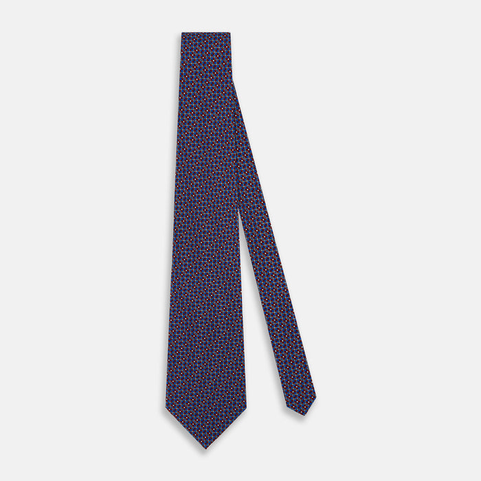 Red Geometric Lattice Damier Printed Silk Tie Image 1