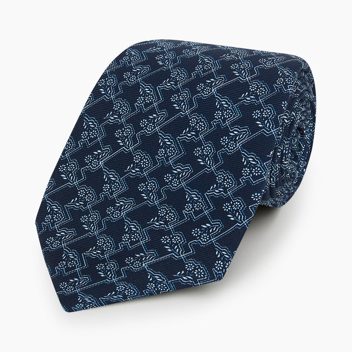 Dark Navy Floral Jigsaw Printed Silk Tie Image 4