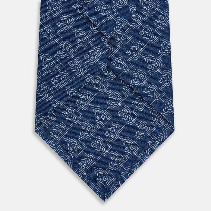Navy Floral Jigsaw Printed Silk Tie Image 2