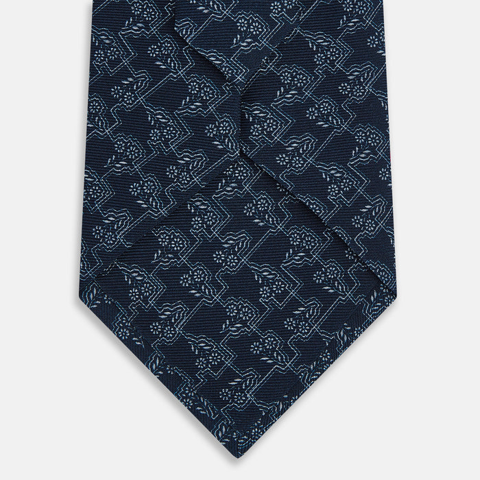 Midnight Blue Floral Jigsaw Printed Silk Tie Image 2