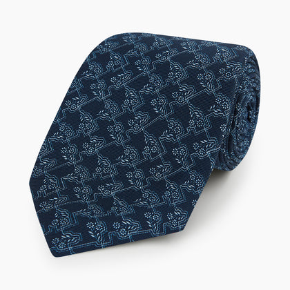Midnight Blue Floral Jigsaw Printed Silk Tie Image 4