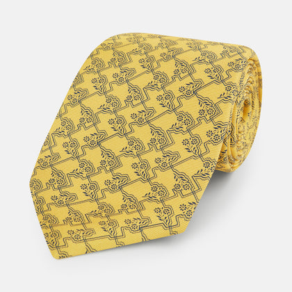 Yellow Floral Jigsaw Printed Silk Tie