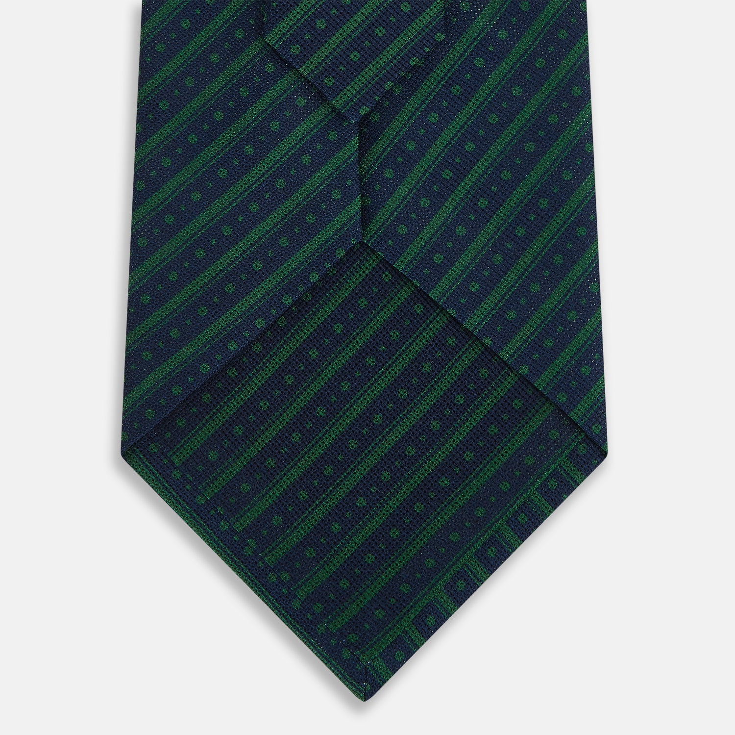 View 3 of product The Forest Green Beaded Ticking Stripe Silk Tie by Turnbull & Asser UK features diagonal blue stripes and is elegantly displayed on a plain white background.