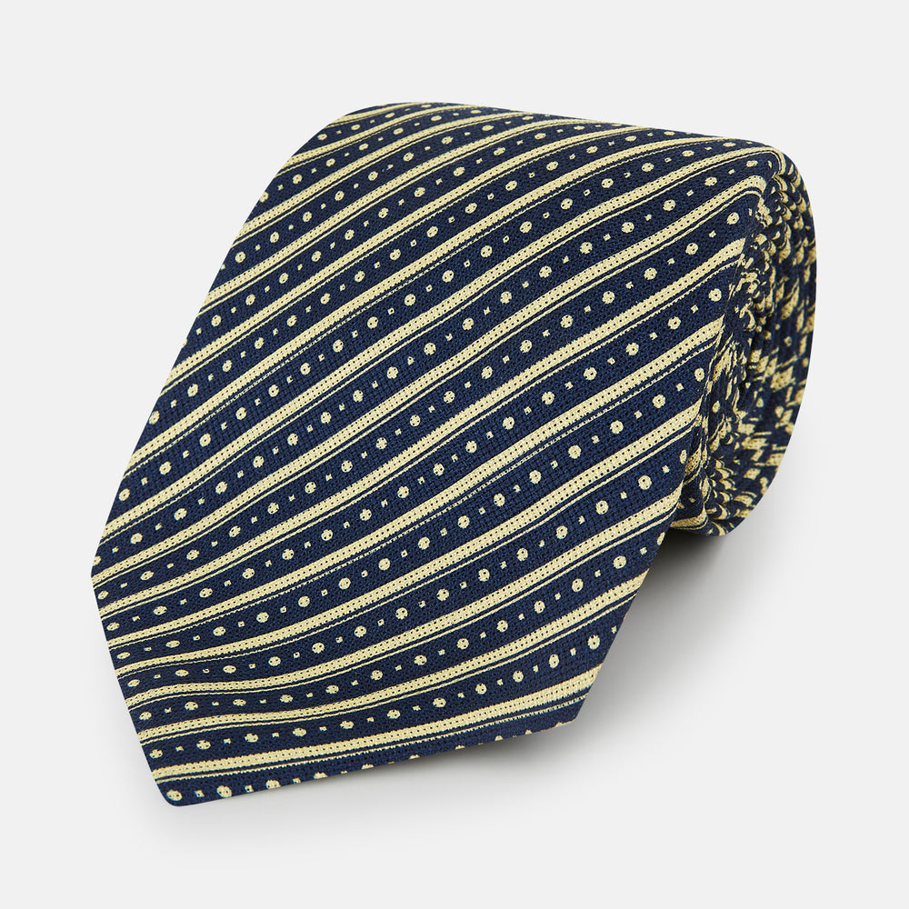 Yellow Beaded Ticking Stripe Printed Silk Tie OS