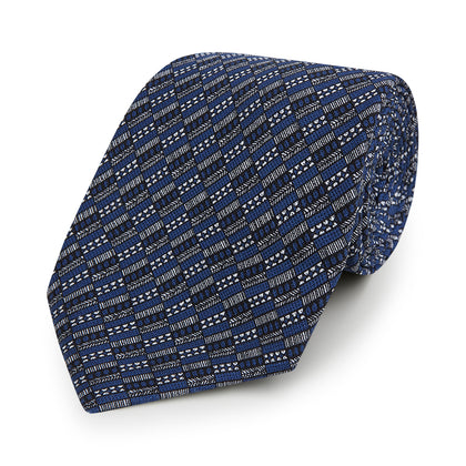 Navy Hatched Mosaic Printed Silk Tie Image 4