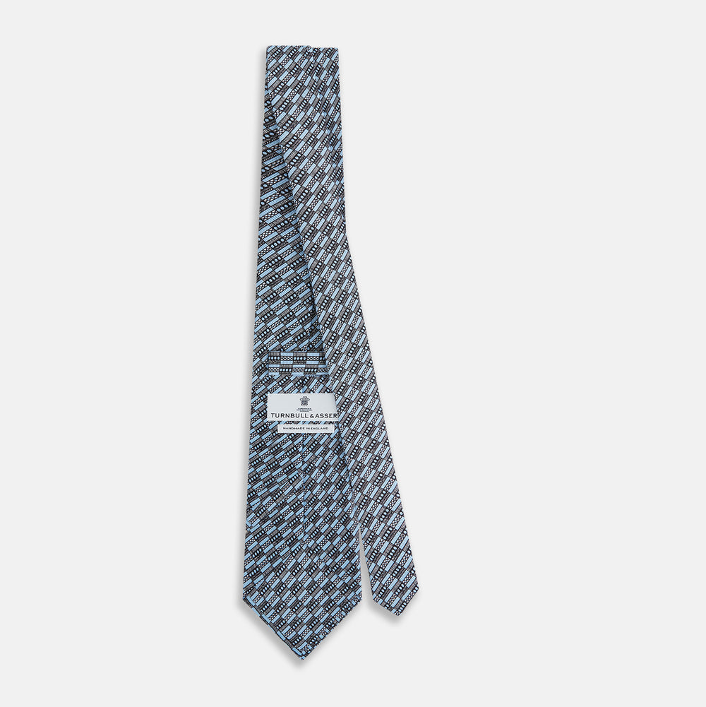 Light Blue Hatched Mosaic Printed Silk Tie OS