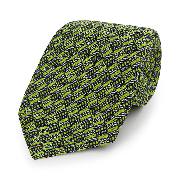 Lime Green Hatched Mosaic Printed Silk Tie Image 4