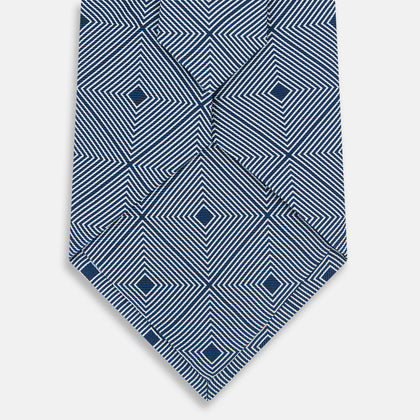 White and Navy Concentric Diamond Printed Silk Tie Image 2