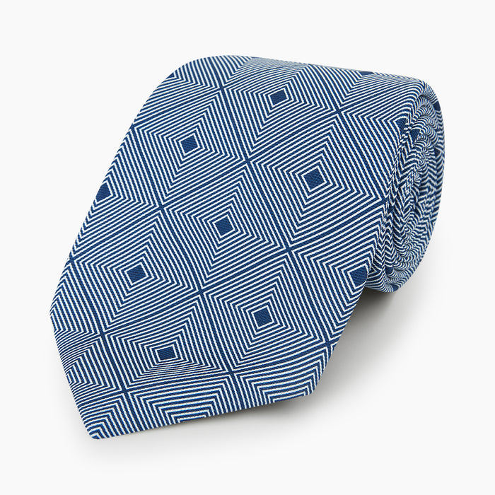 White and Navy Concentric Diamond Printed Silk Tie Image 4