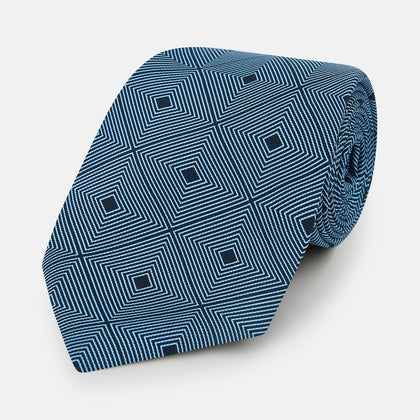 Blue and Navy Concentric Diamond Printed Silk Tie