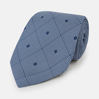 Pale Blue and Navy Concentric Diamond Printed Silk Tie