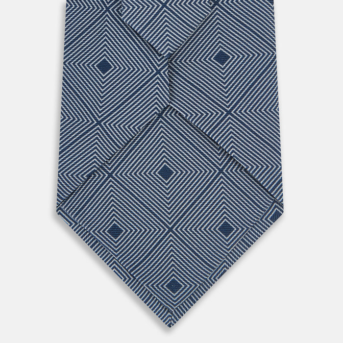 Pale Blue and Navy Concentric Diamond Printed Silk Tie Image 2