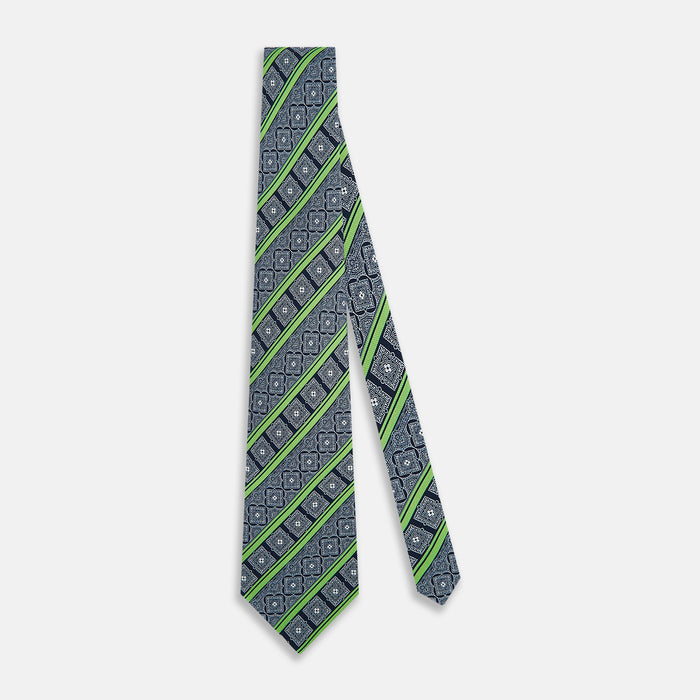 Navy and Green Medallion Bar Printed Silk Tie Image 1