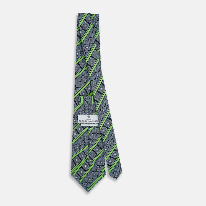 Navy and Green Medallion Bar Printed Silk Tie Image 3